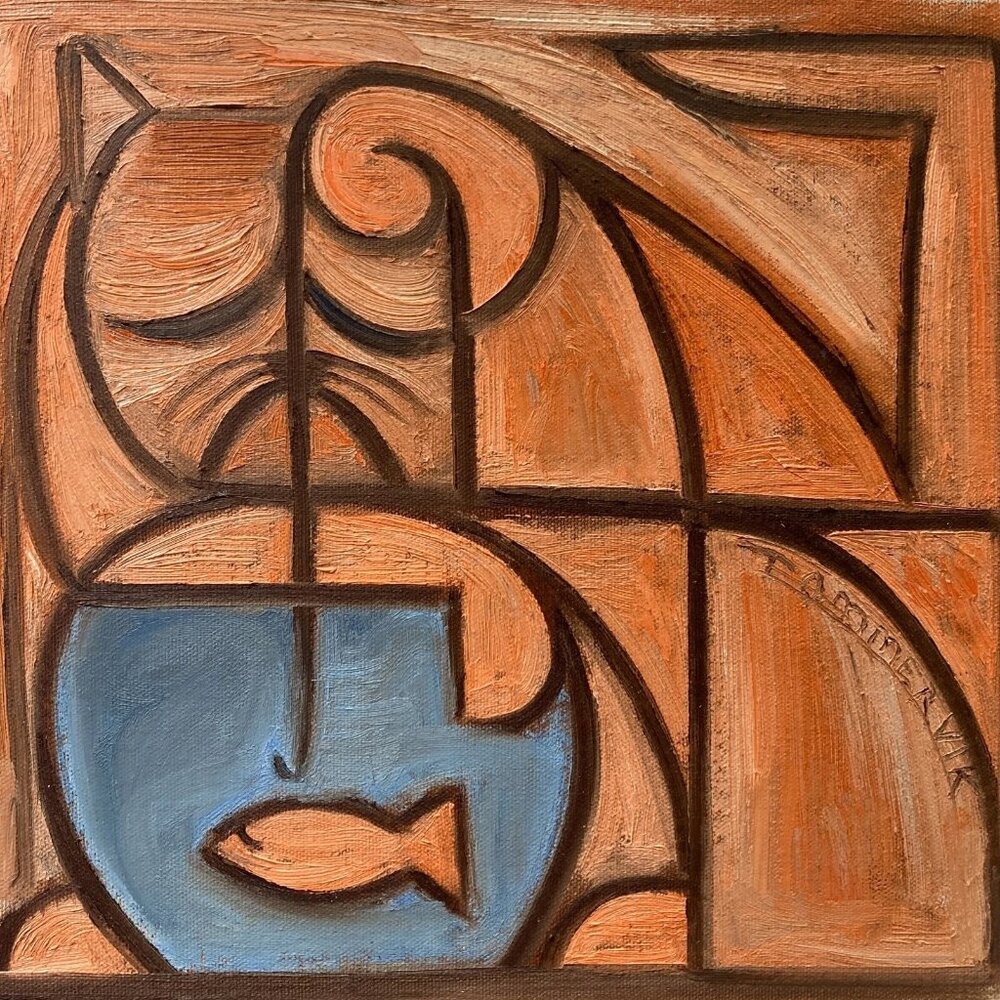 Modern Abstract Orange Cat Fishing Original Painting
